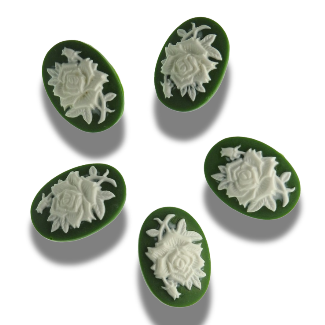 Dark green cameo buttons with white rose detail