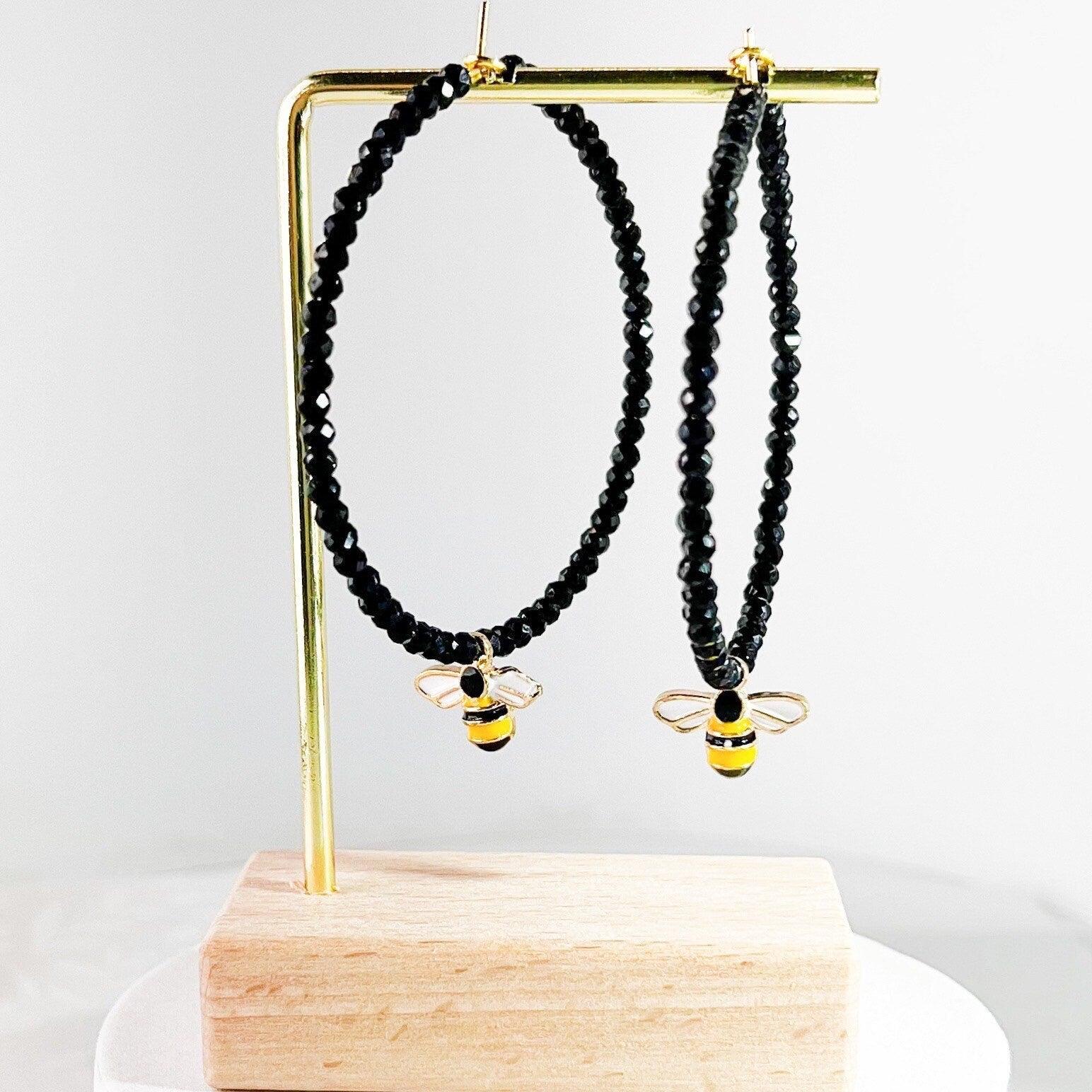 Black bug earrings hoops with tiny glass beads, Fun, playful large hoop jewelry for bumble bee insect lover. Lightweith 2 in | 45 mm