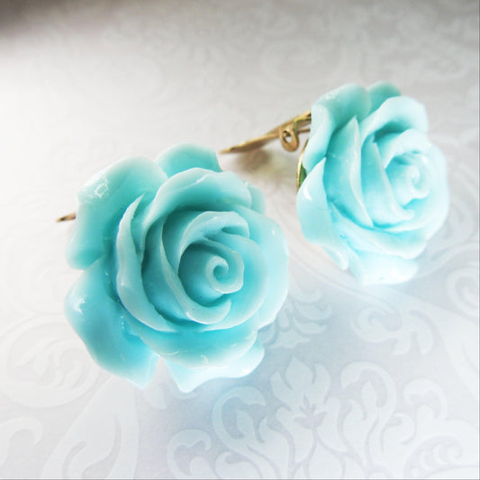 Light blue clip on flower earrings for women | cute earrings clips with a cute rose design | Best gift for mom with non pierced ears, 30 mm