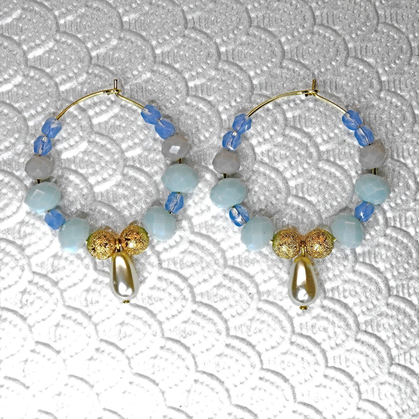 Aqua blue hoops earrings with a cute pearl drop charms. Pretty multi colored gifts ideas for women. Party earrings 30 mm 1.5''
