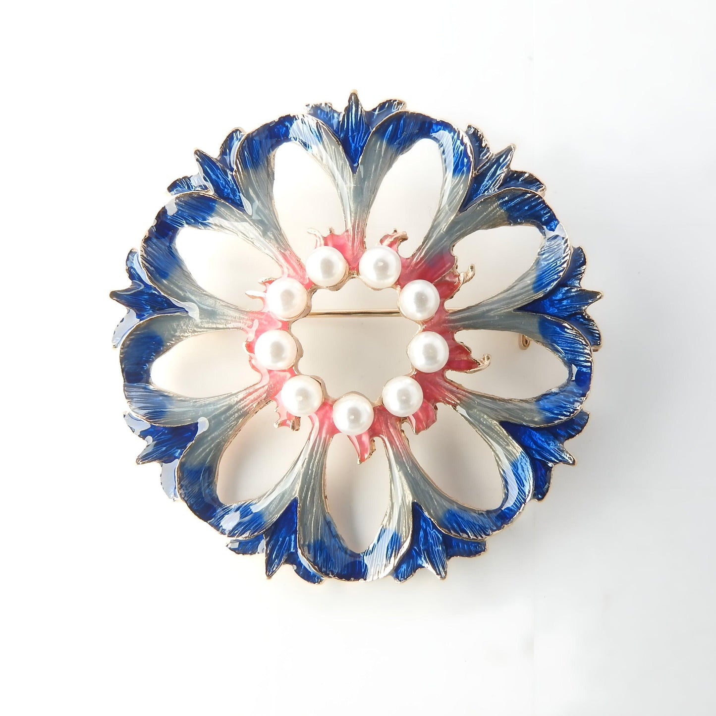 Round blue pearl brooch for women. Embellishment for a wedding bouquet and formal events. Something blue gift for bride. 50 mm, 2 inches