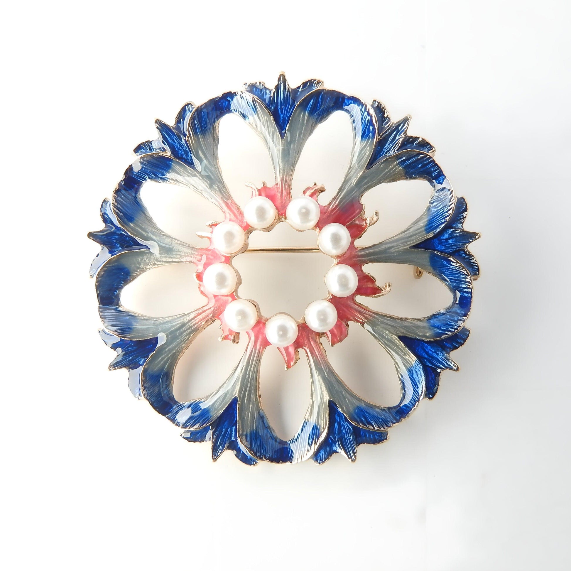 Round blue pearl brooch for women. Embellishment for a wedding bouquet and formal events. Something blue gift for bride. 50 mm, 2 inches