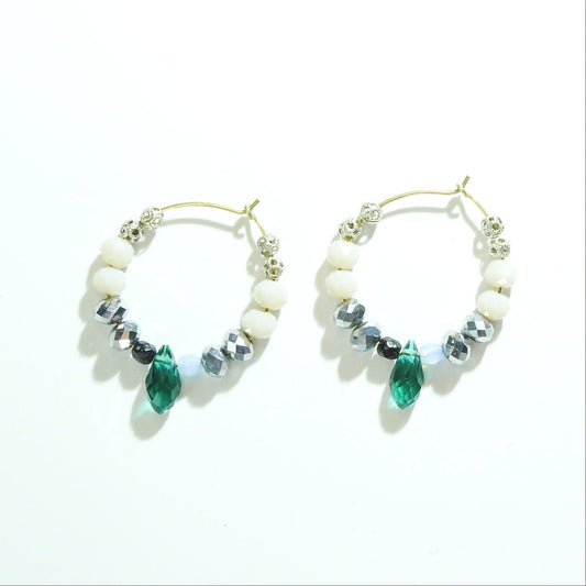 Beaded hoop earrings dangle with faceted shiny pink and grey beads and two cute dangly dark green glass teardrops. 30 mm | 1.5''