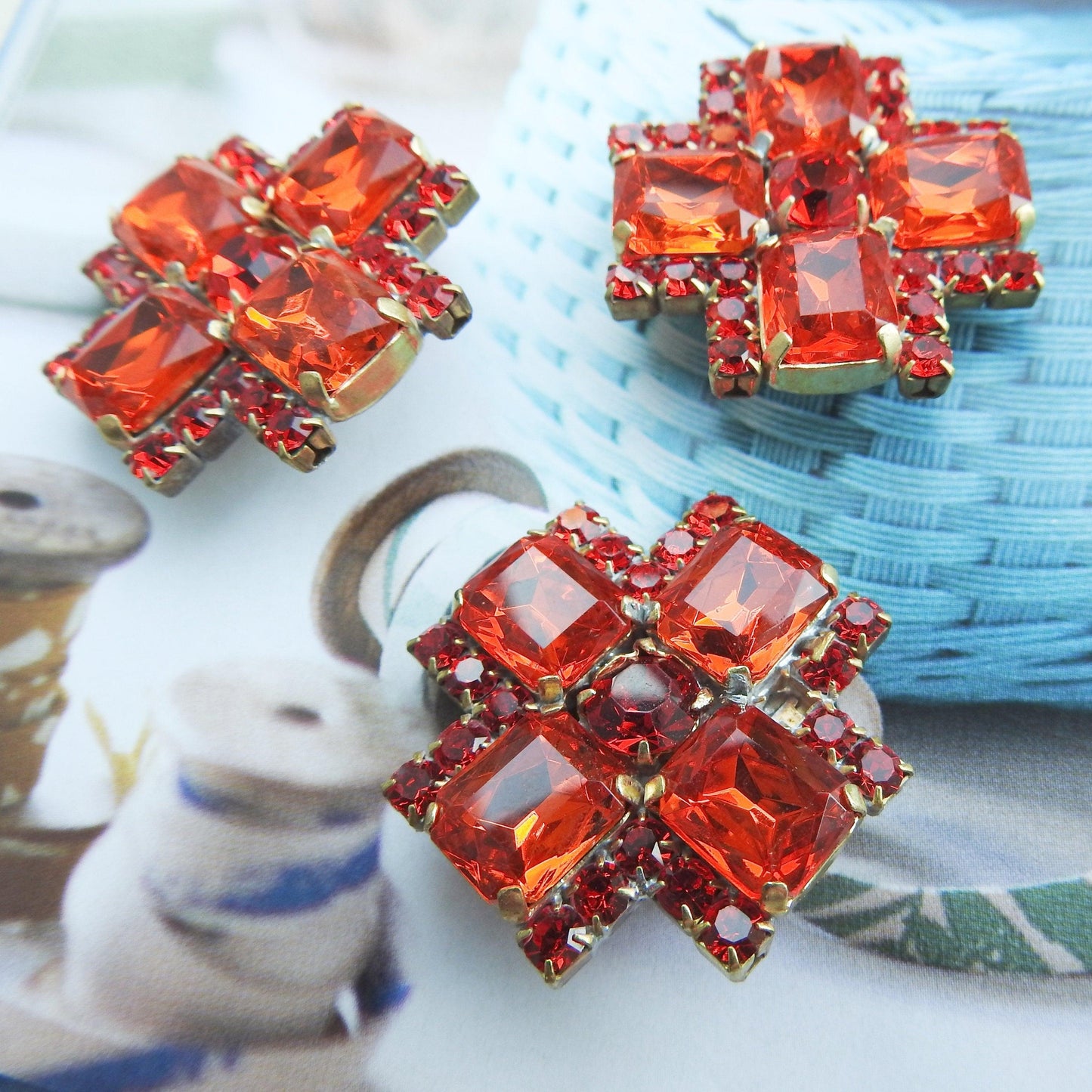 Cross shaped buttons for bracelets, buttons made of glass for jewelry making lot of 3 buttons - 30 mm