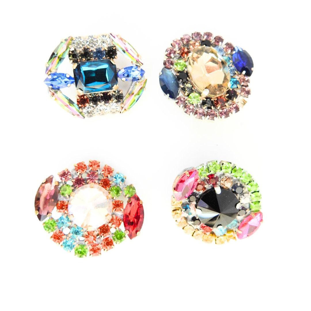 Sparkling Czech Glass Crystal Rhinestone Buttons - Lot of 4, 30mm with Shank. Sew on for Evening Gown, Fancy Coat, Clutch, Hat, Belt, Blazer