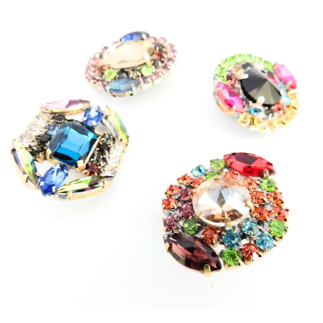 Sparkling Czech Glass Crystal Rhinestone Buttons - Lot of 4, 30mm with Shank. Sew on for Evening Gown, Fancy Coat, Clutch, Hat, Belt, Blazer