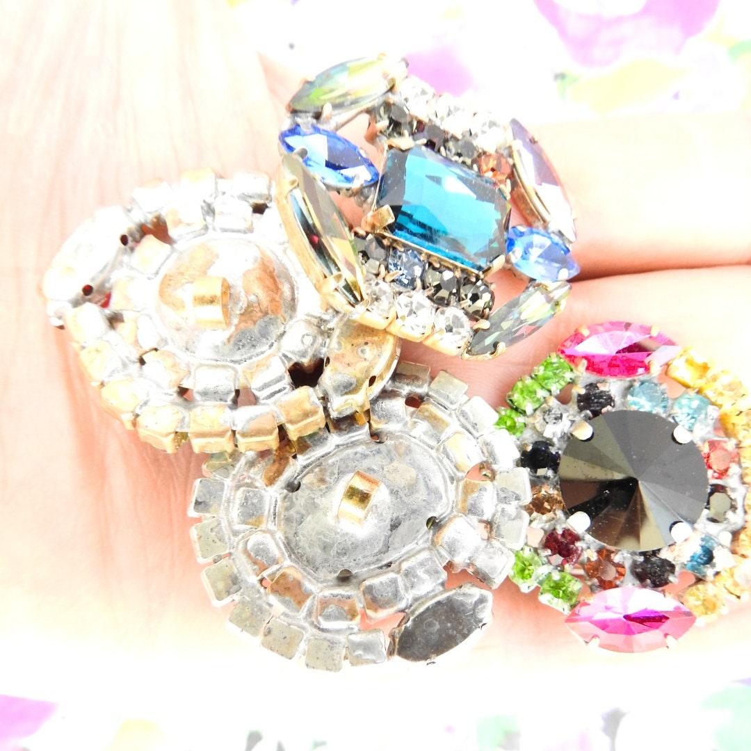 Sparkling Czech Glass Crystal Rhinestone Buttons - Lot of 4, 30mm with Shank. Sew on for Evening Gown, Fancy Coat, Clutch, Hat, Belt, Blazer