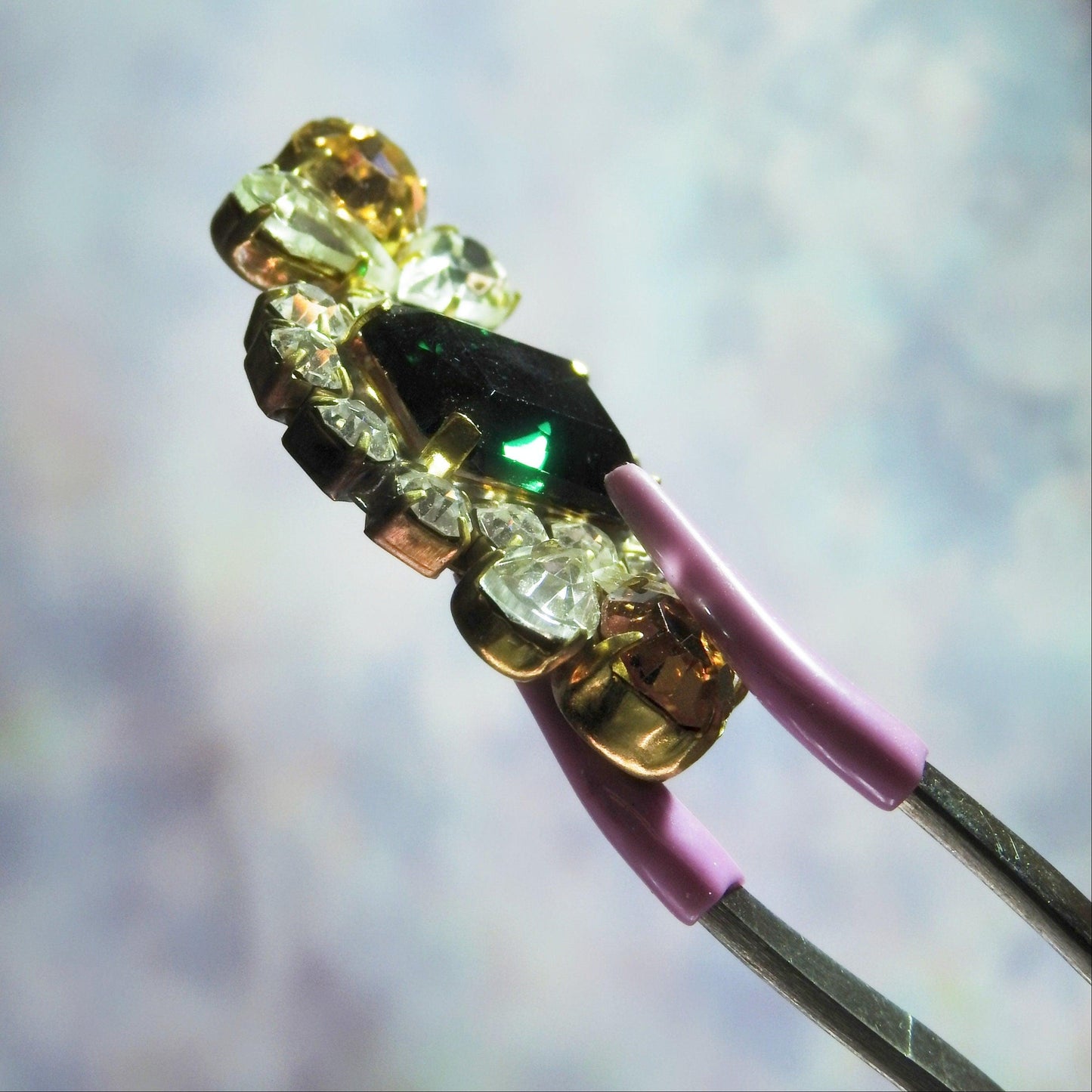 Green glass button with shank with rhinestone crystal, one shiny bling unusual components for jewelry making and luxury decorative sewing