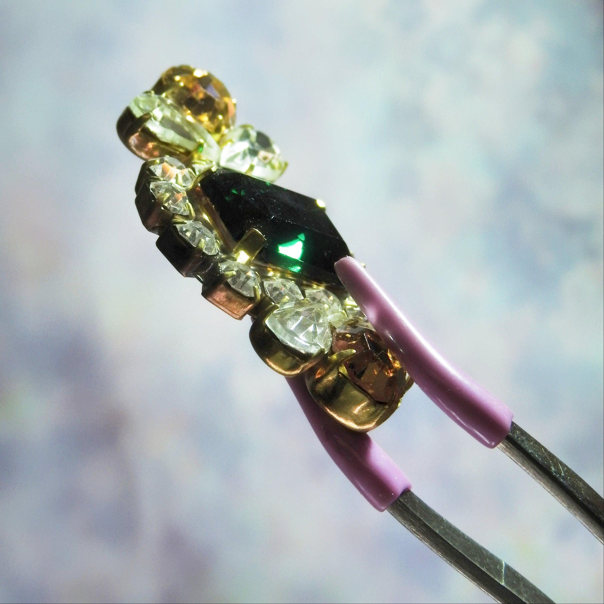 Green glass button with shank with rhinestone crystal, one shiny bling unusual components for jewelry making and luxury decorative sewing
