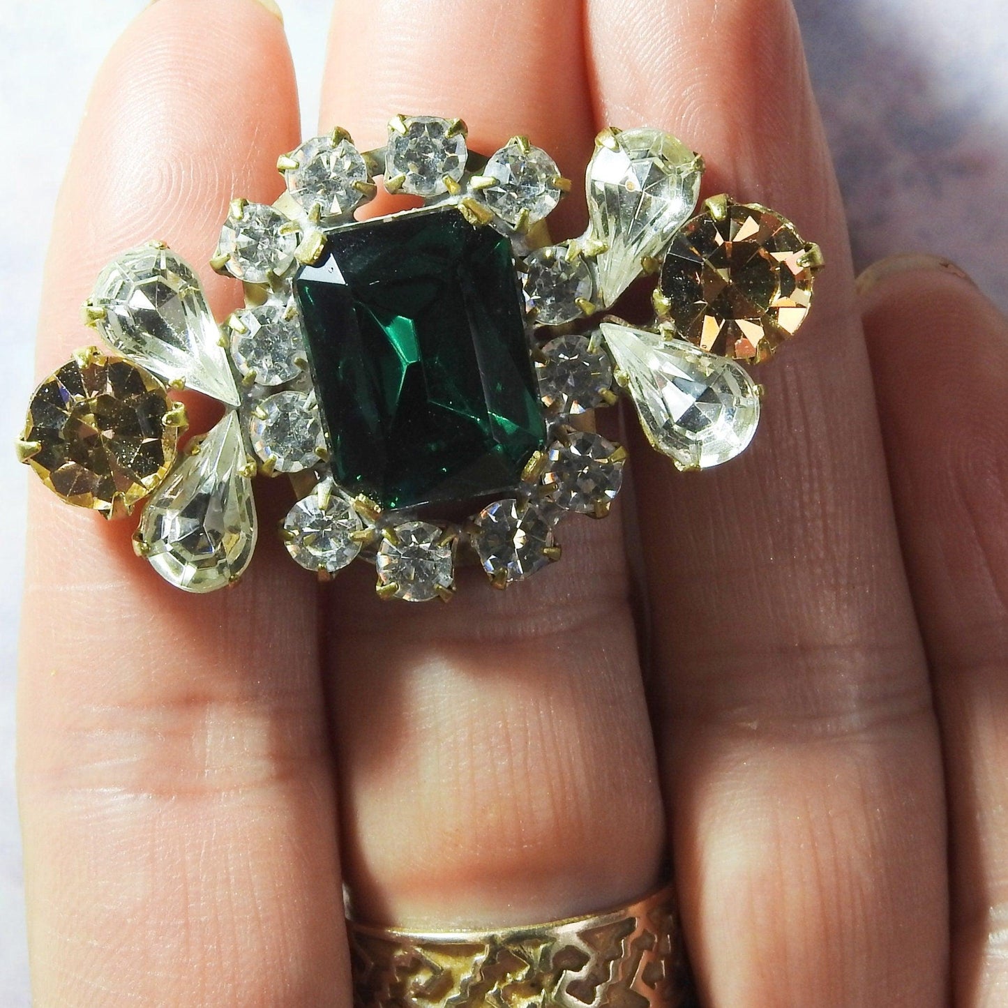 Green glass button with shank with rhinestone crystal, one shiny bling unusual components for jewelry making and luxury decorative sewing