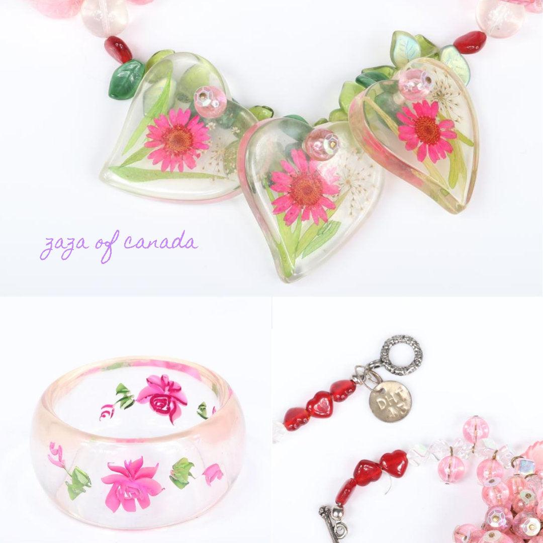 Flower statement necklace, chunky lucite necklace, unique lucite necklace and bracelet, one of a kind lucite vintage necklace