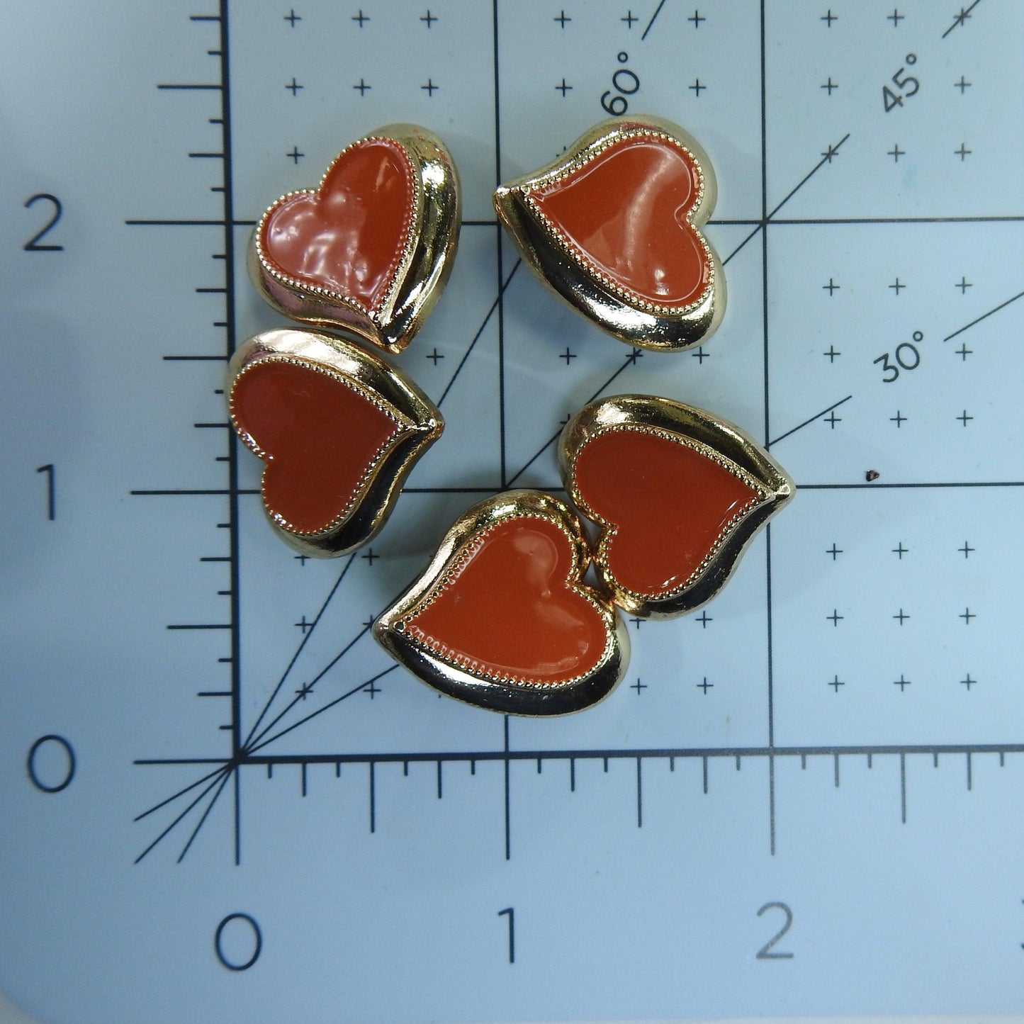 Vintage style metallic buttons heart made from enameled orange painted metal and shank back, assorted lot of 5, for craft, sewing, jewelry