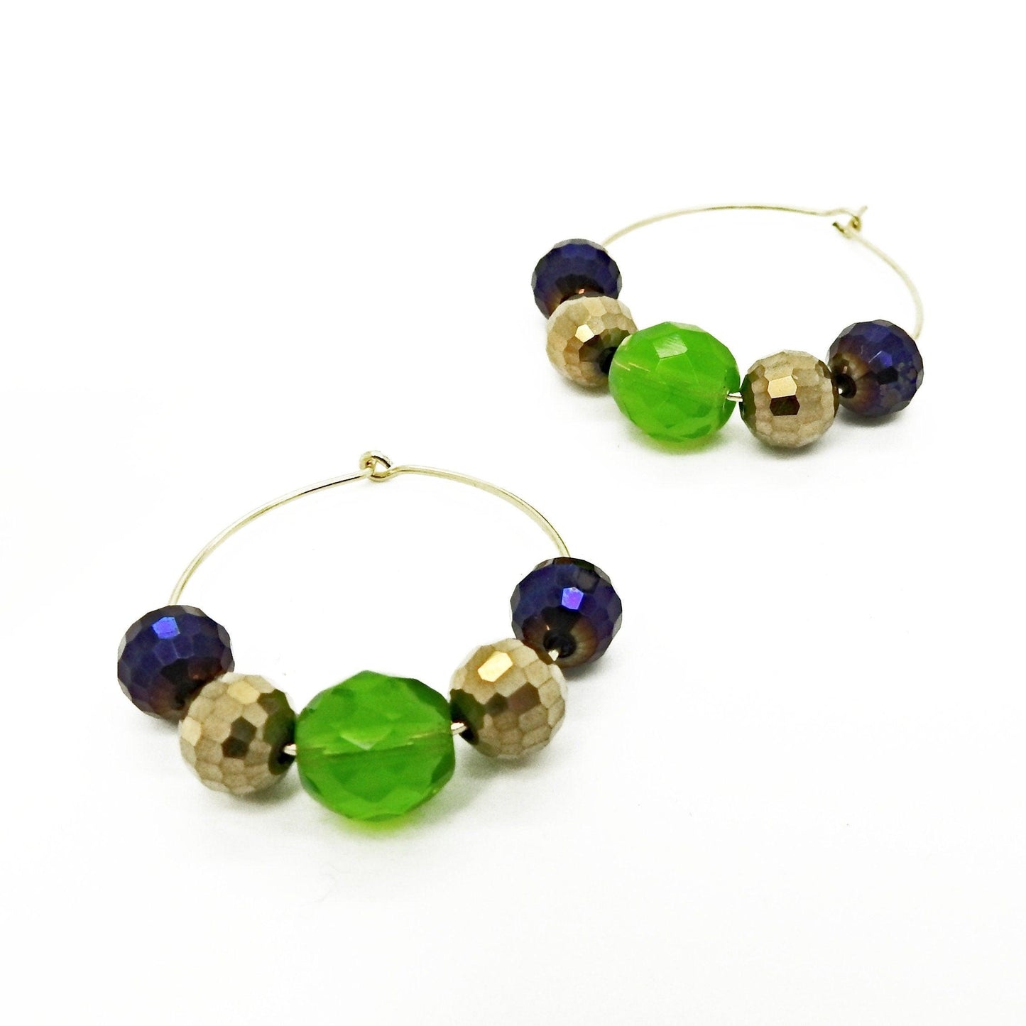 Cute colorful beaded hoop earrings, purple, green, and gold, with colored faceted beads. Pretty circle dangle earrings, handmade, 30 mm.