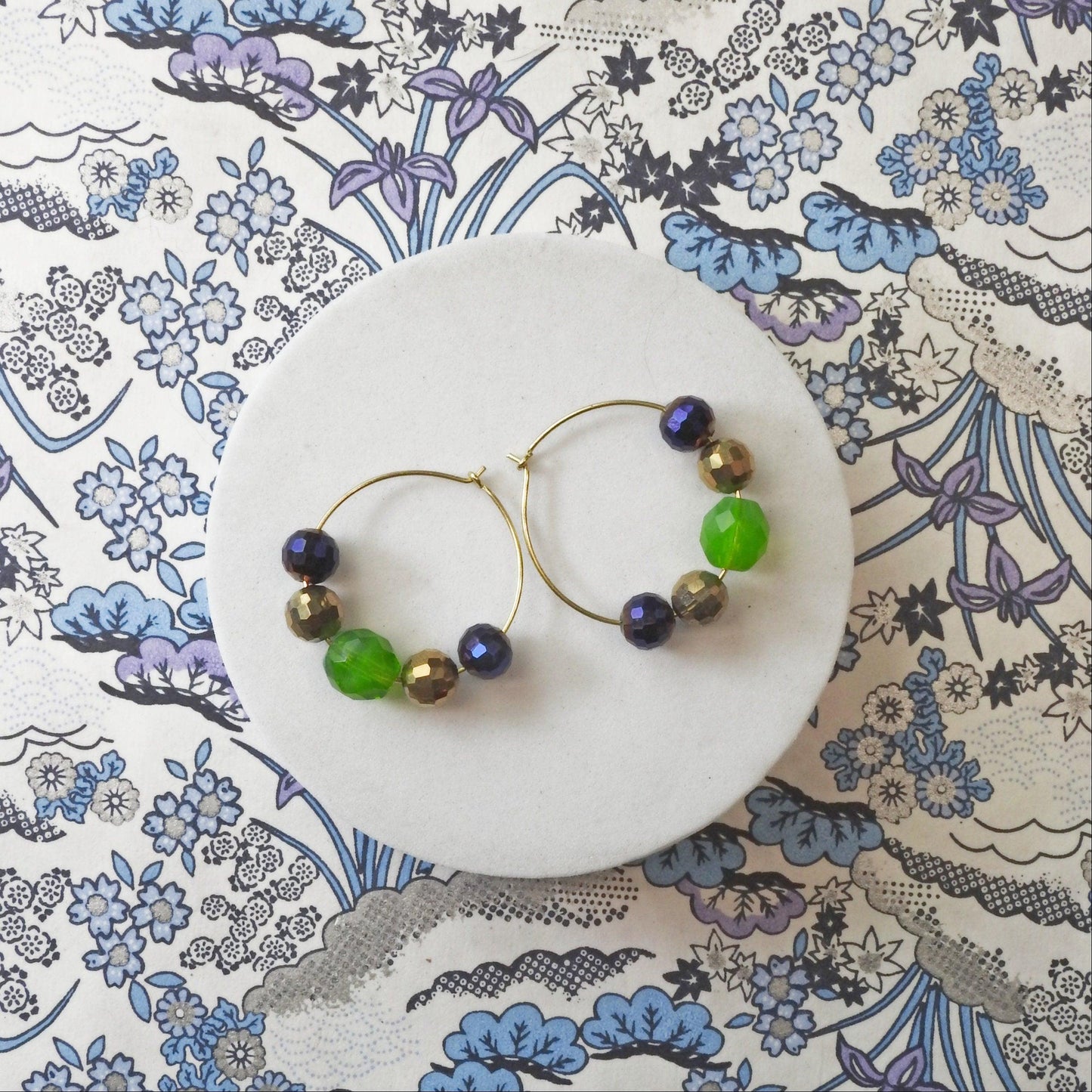 Cute colorful beaded hoop earrings, purple, green, and gold, with colored faceted beads. Pretty circle dangle earrings, handmade, 30 mm.
