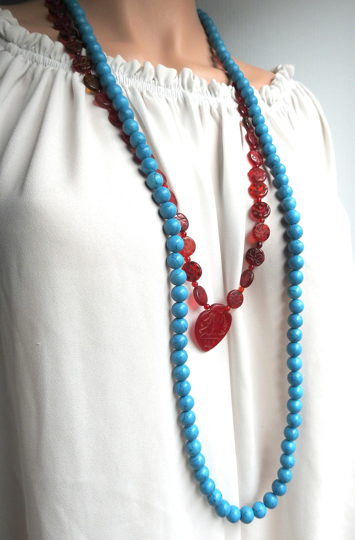 Bohemian Style Beaded Necklaces for Women - Set of 2 (Turquoise Blue and Garnet Red) - Boho-chic Accessories - Gift for women