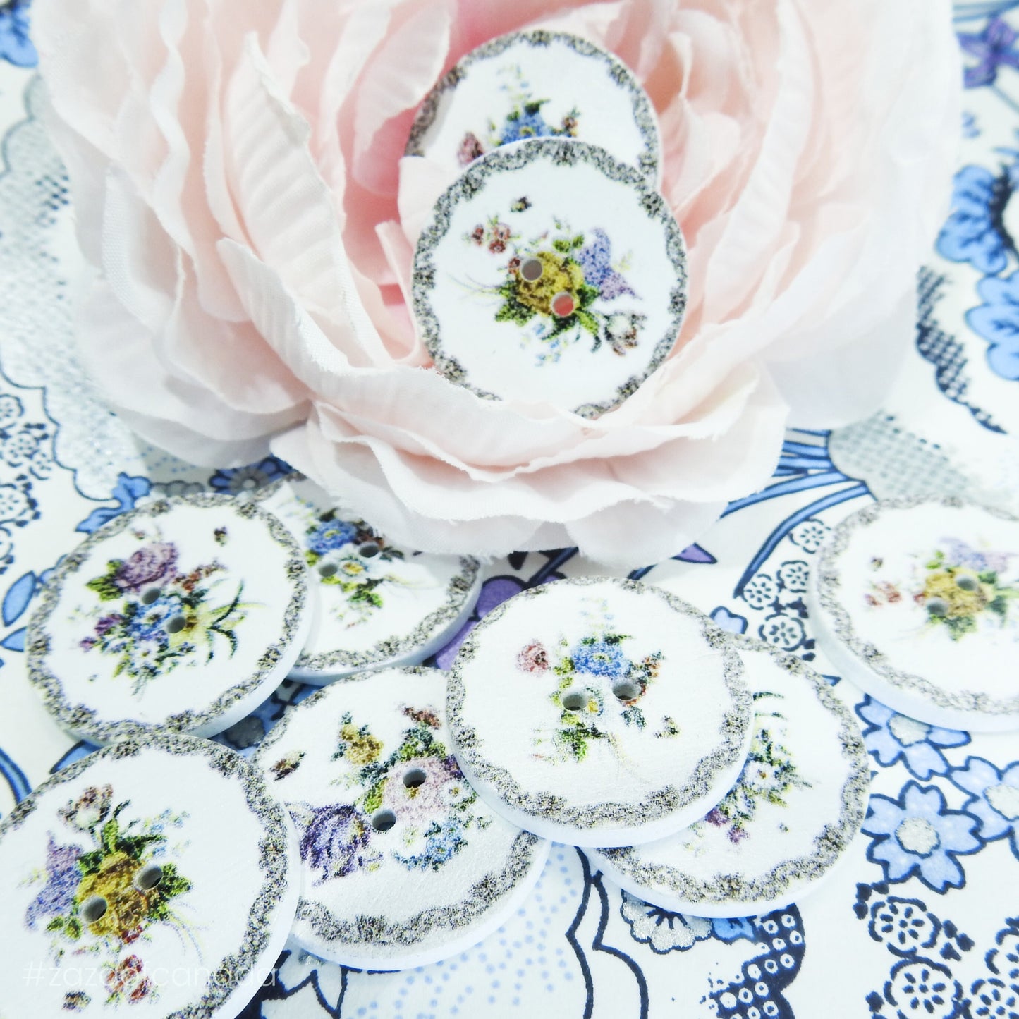 White Floral Painted Wood Buttons