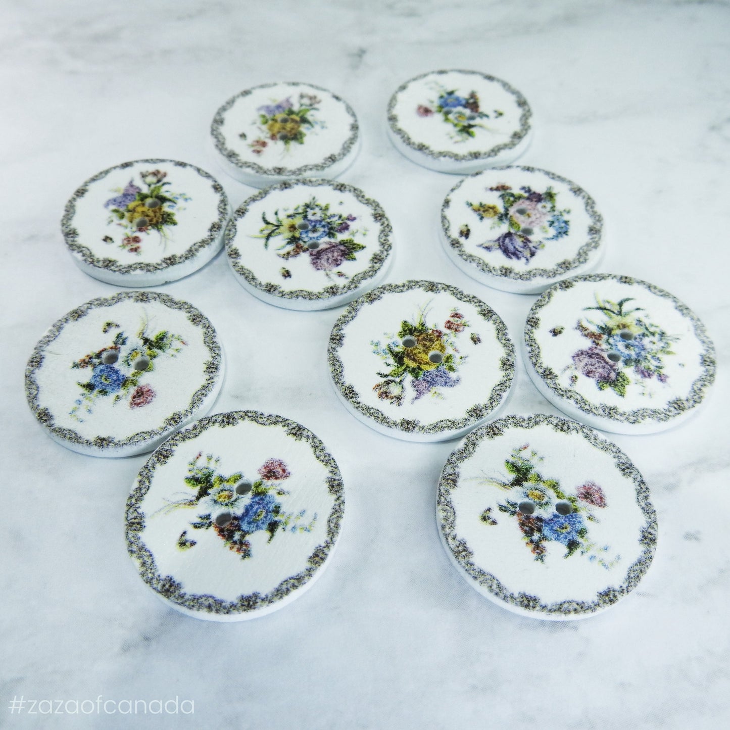 White Floral Painted Wood Buttons