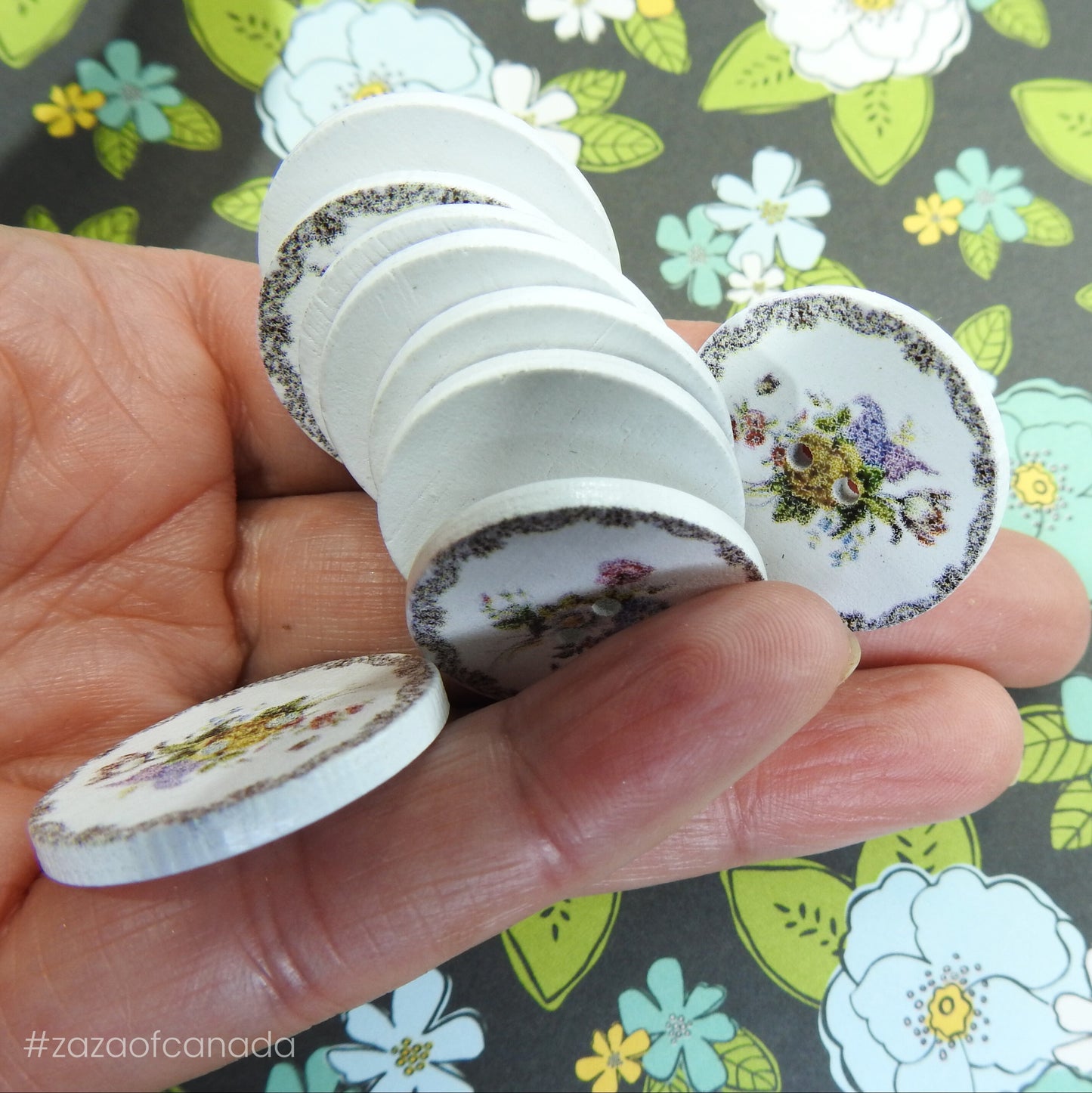 White Floral Painted Wood Buttons