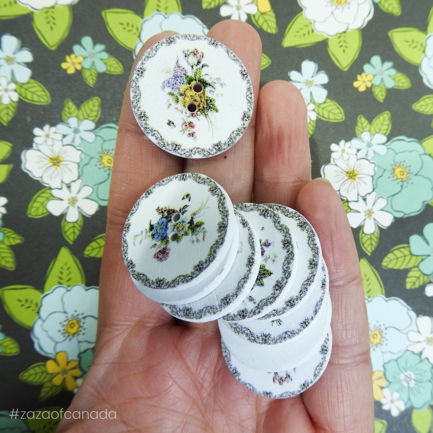 White Floral Painted Wood Buttons