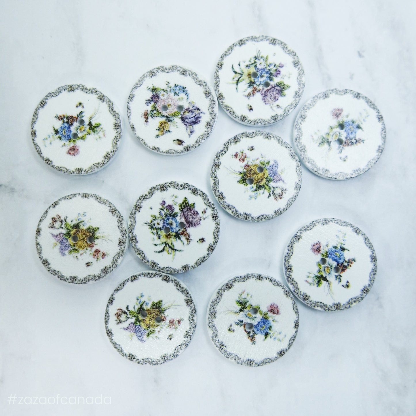 White Floral Painted Wood Buttons