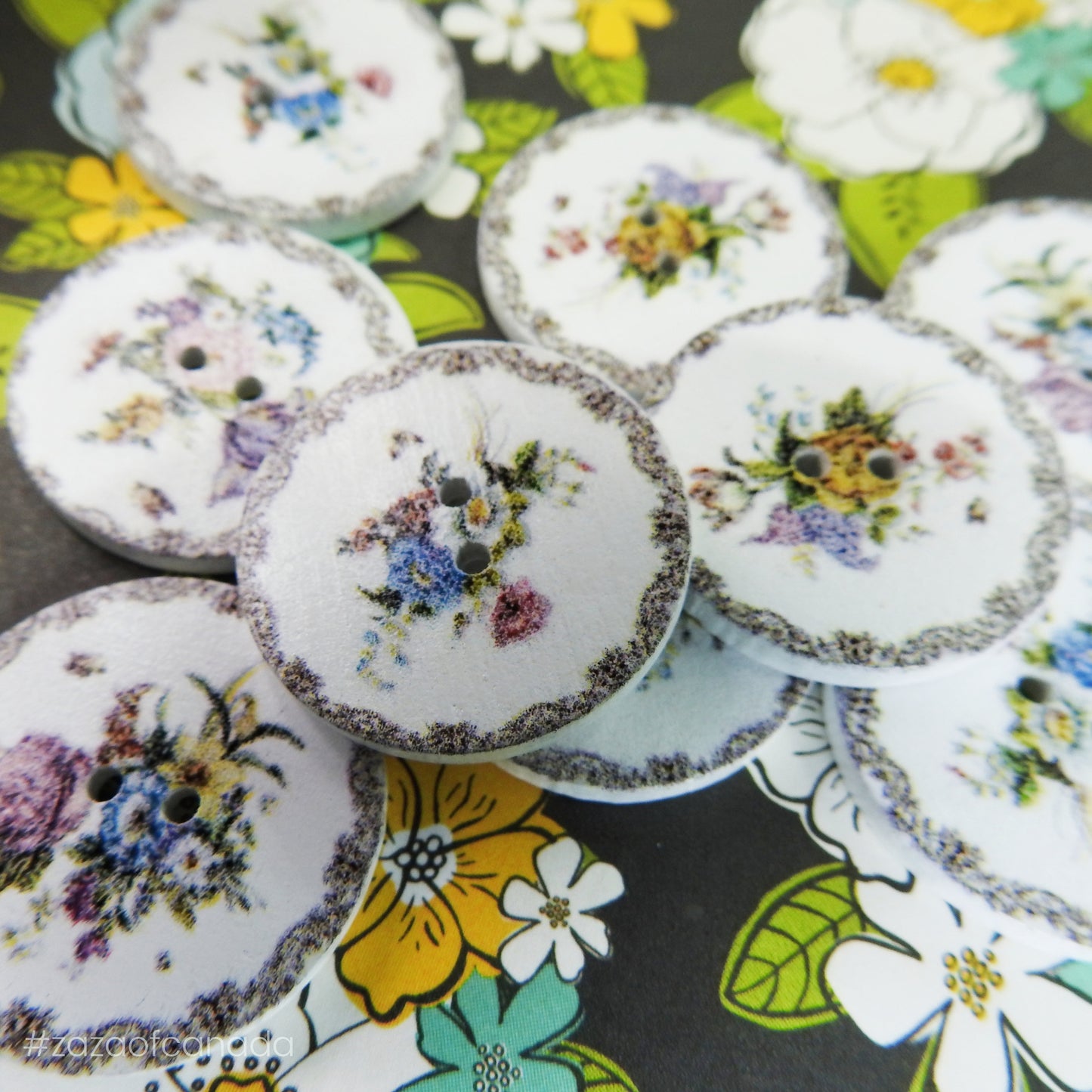 White Floral Painted Wood Buttons