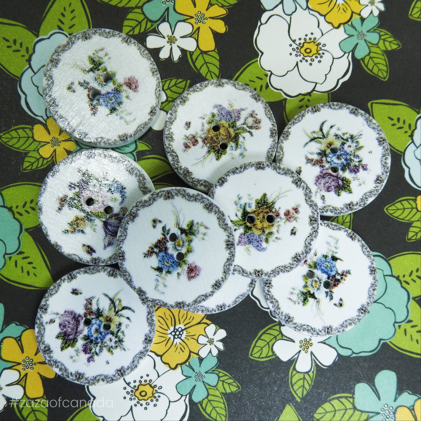 White Floral Painted Wood Buttons