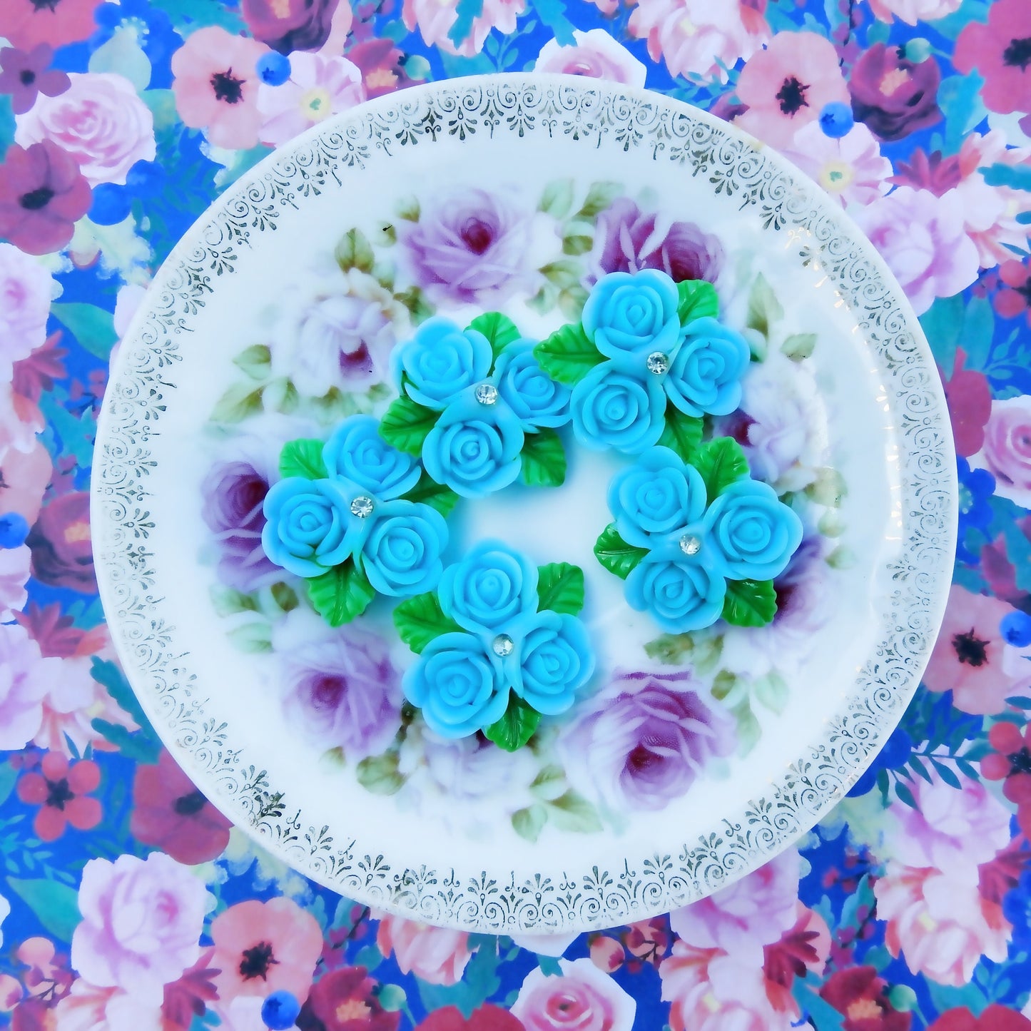 Large Blue Floral Buttons - Set of 5