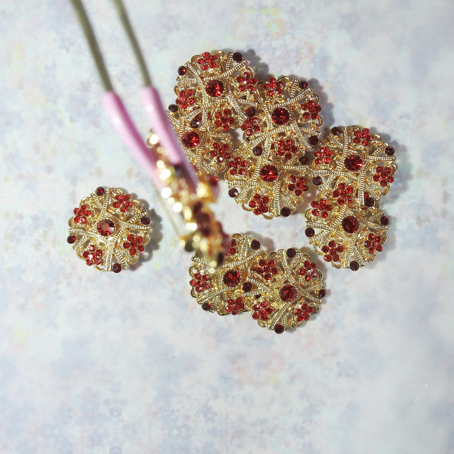 Lovely Set of 10 Red and Gold Brooches