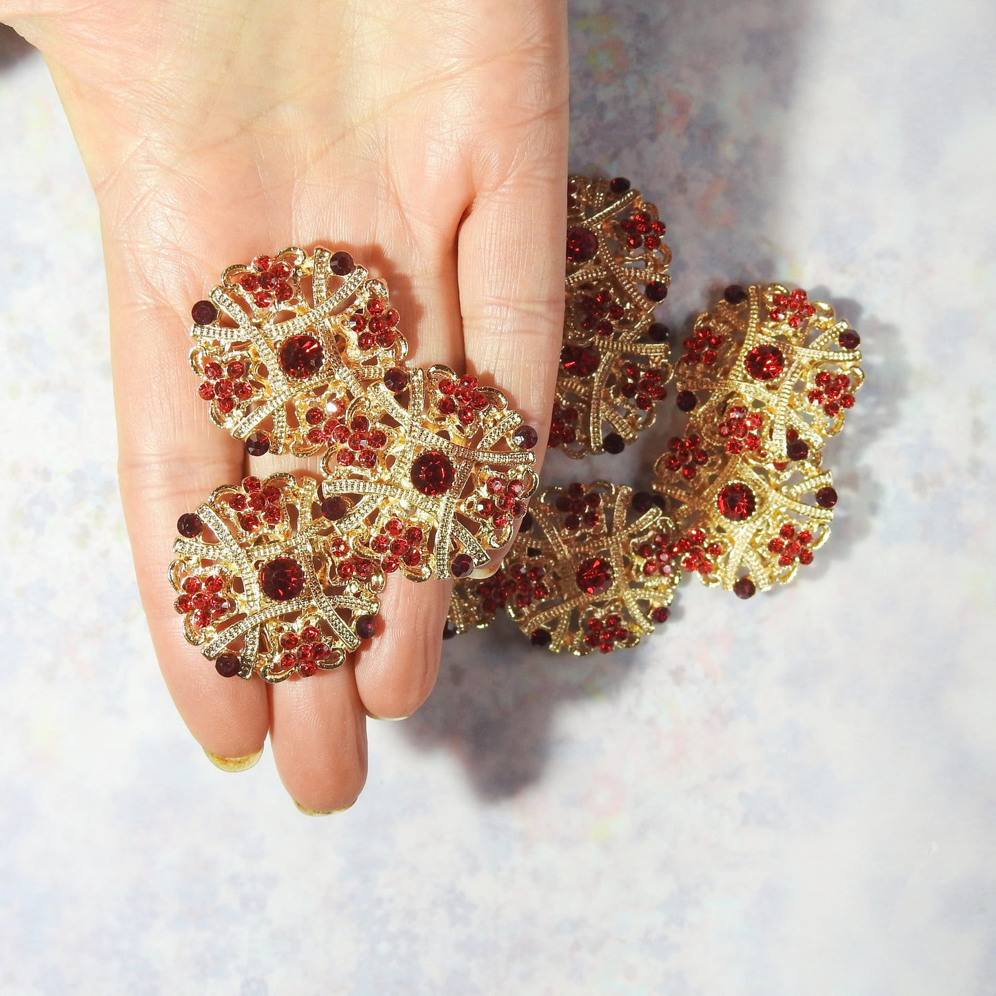 Lovely Set of 10 Red and Gold Brooches
