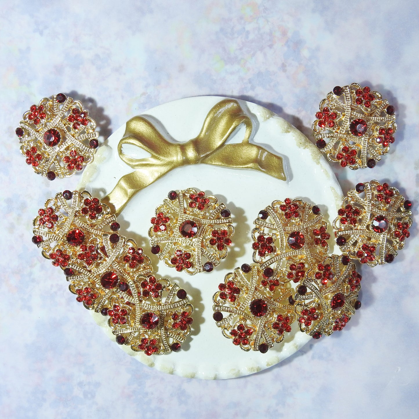 Lovely Set of 10 Red and Gold Brooches
