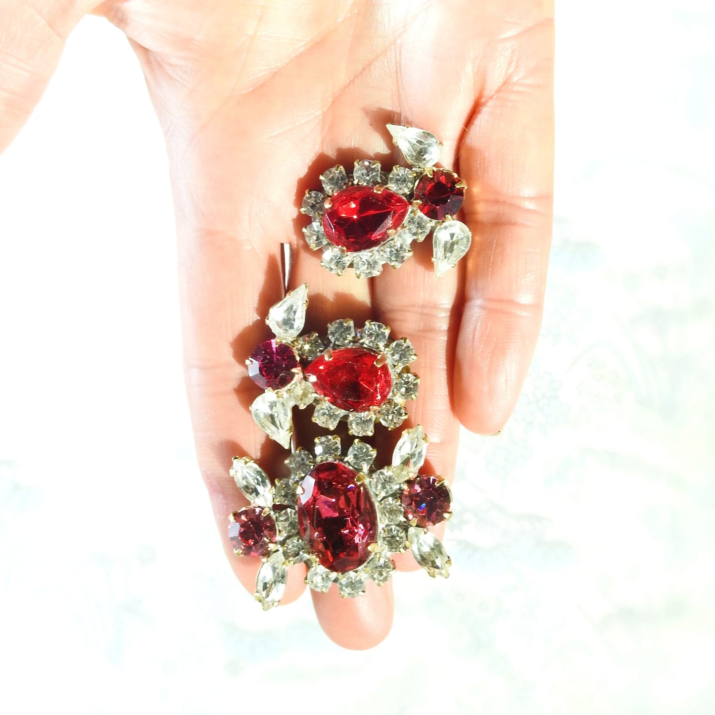 Large Red & Pink Jeweled Czech Glass Buttons - Set of 3