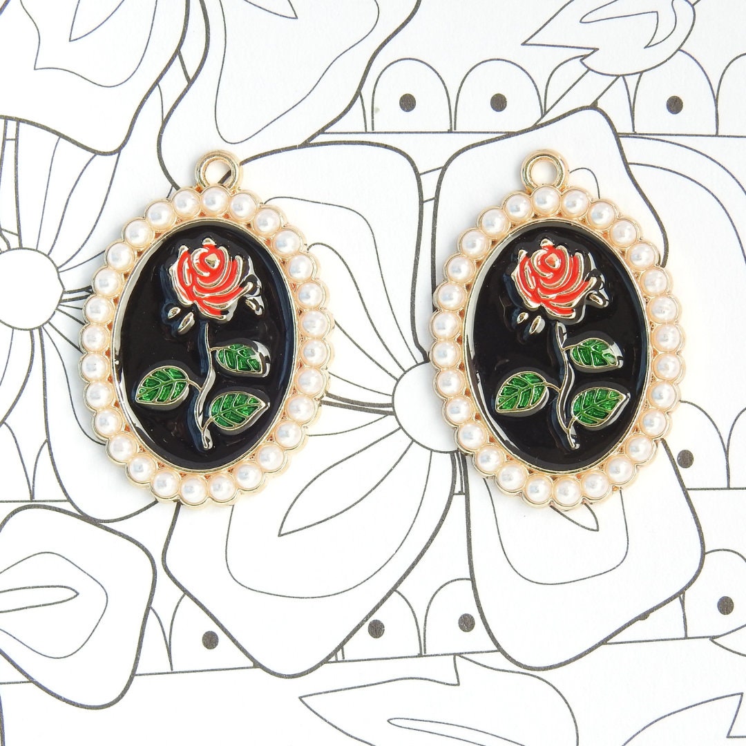 Enameled Metal Charms with Pearls for Jewelry Making: Dangle Earrings, Necklaces, Cute Accessory Craft, Black Red Green White. Set of 2.
