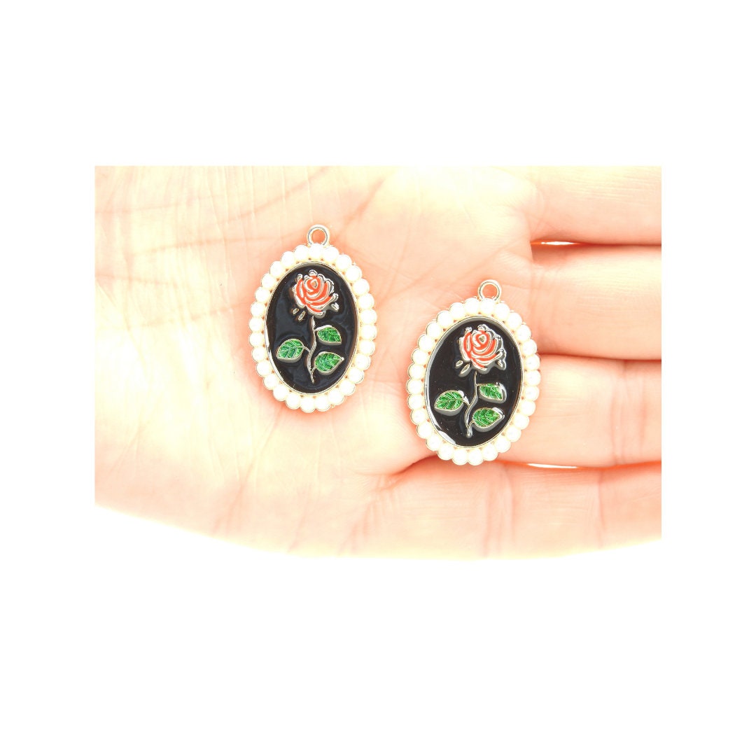 Enameled Metal Charms with Pearls for Jewelry Making: Dangle Earrings, Necklaces, Cute Accessory Craft, Black Red Green White. Set of 2.