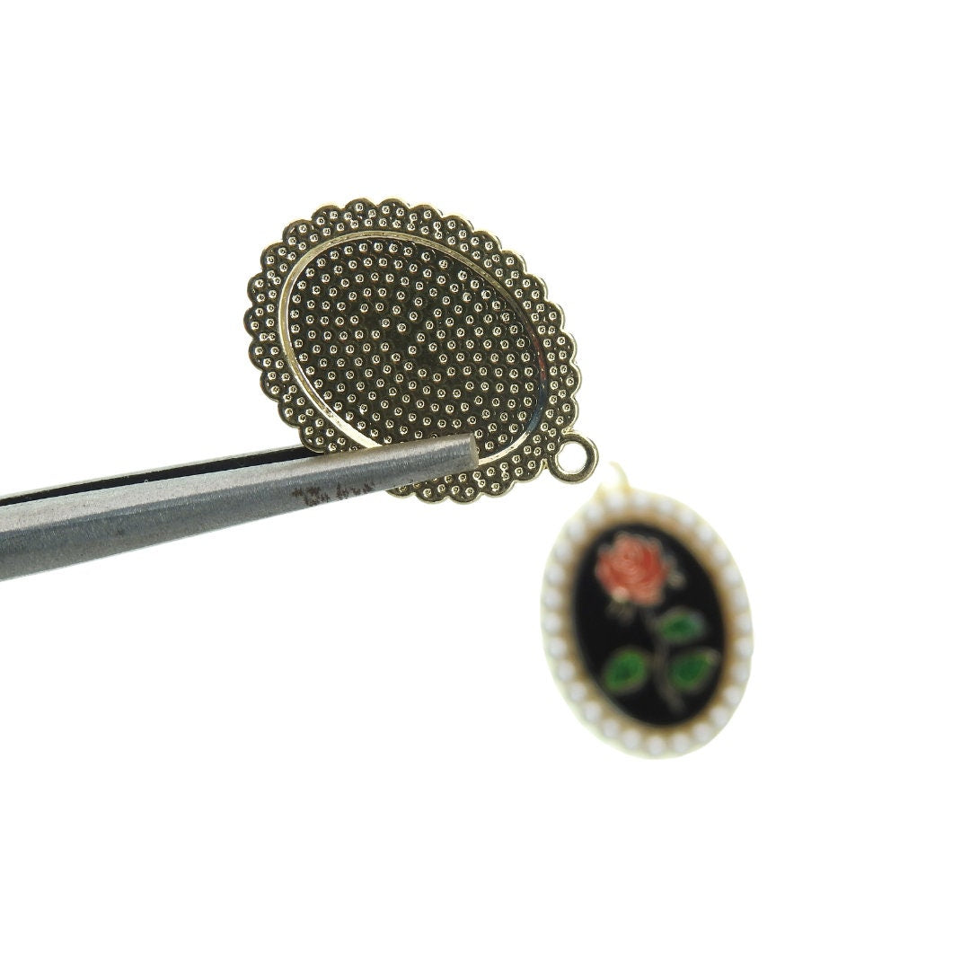 Enameled Metal Charms with Pearls for Jewelry Making: Dangle Earrings, Necklaces, Cute Accessory Craft, Black Red Green White. Set of 2.
