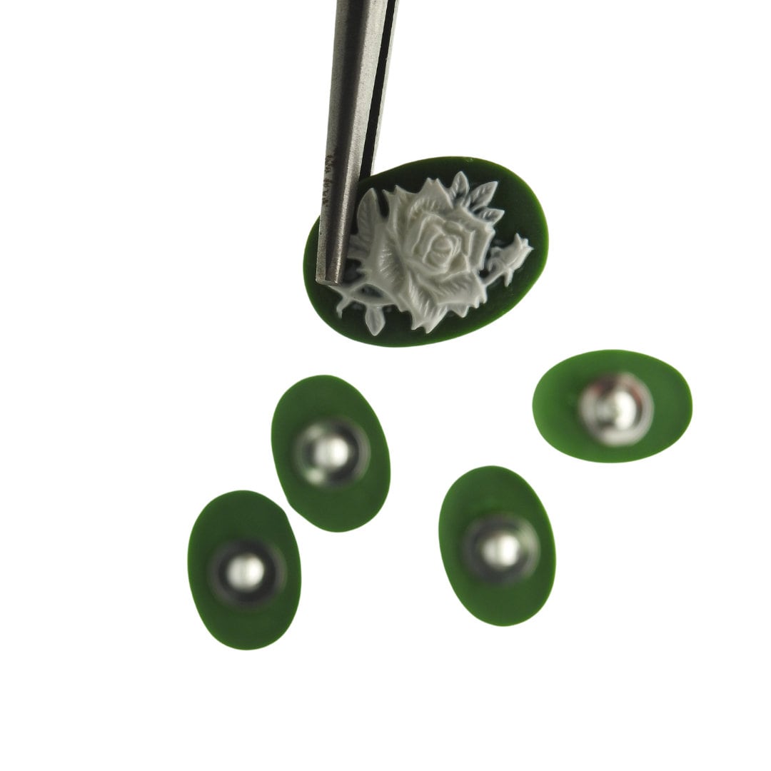 Dark green cameo buttons with white rose detail