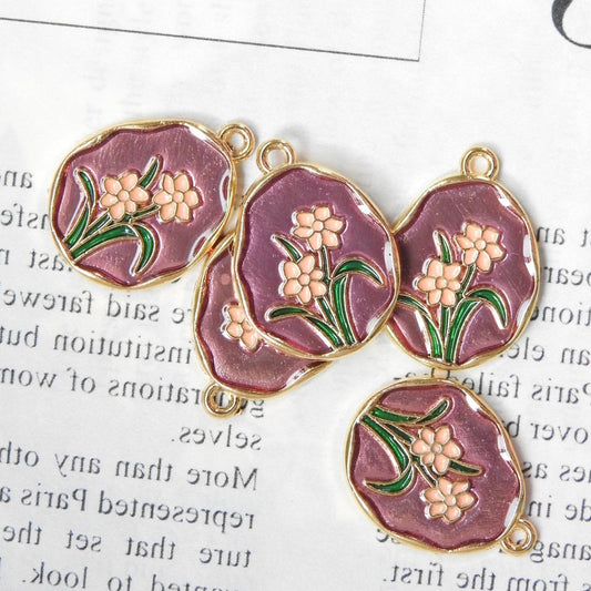 Vintage Flower Pattern Pendant Charms for Necklaces, floral dangle Earrings & Bracelets. Tulip or Daisy Design, Pink - Set of 5 - 23x16 mm