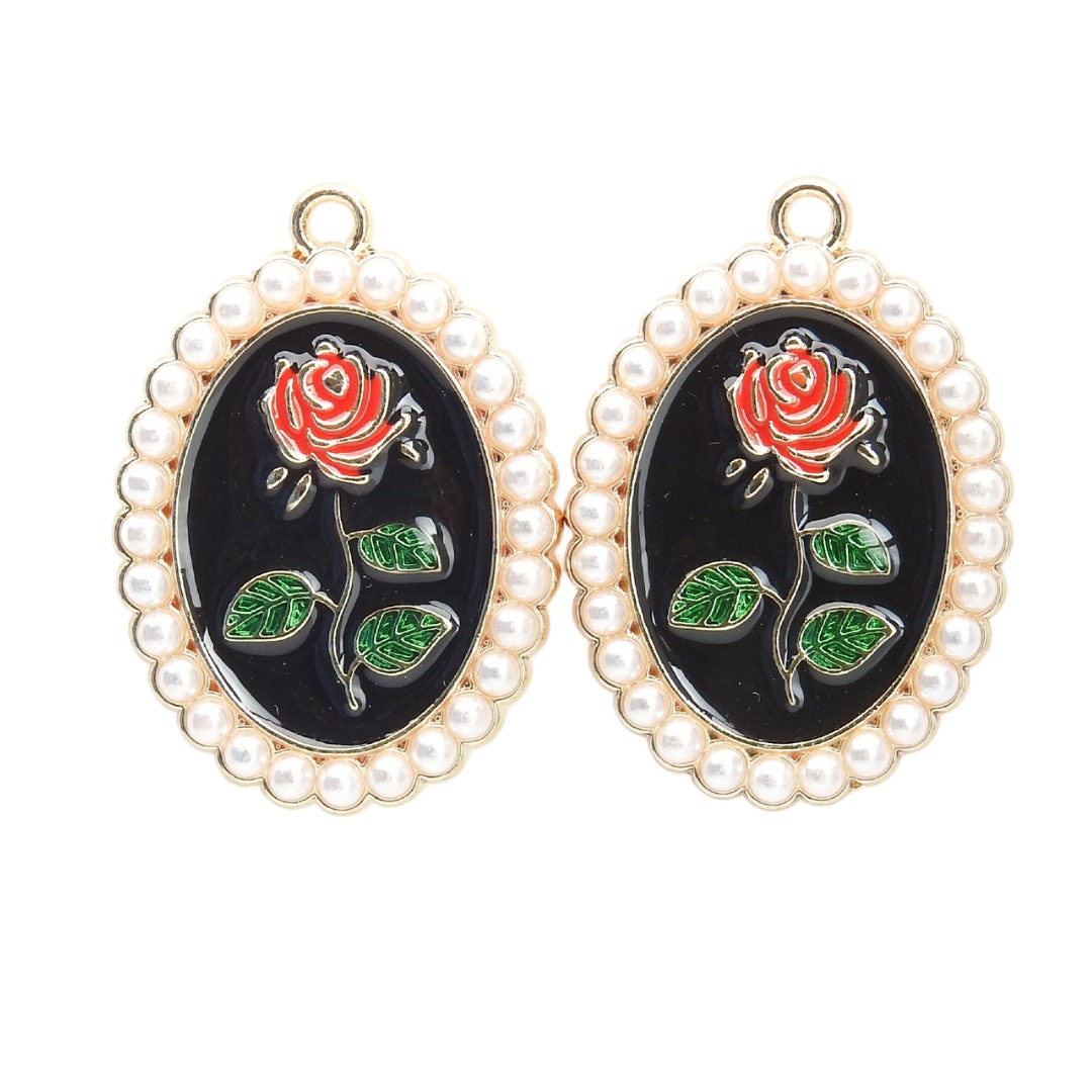 Enameled Metal Charms with Pearls for Jewelry Making: Dangle Earrings, Necklaces, Cute Accessory Craft, Black Red Green White. Set of 2.