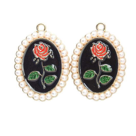 Enameled Metal Charms with Pearls for Jewelry Making: Dangle Earrings, Necklaces, Cute Accessory Craft, Black Red Green White. Set of 2.