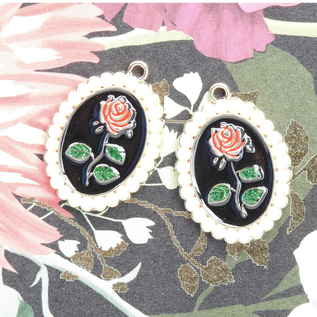 Enameled Metal Charms with Pearls for Jewelry Making: Dangle Earrings, Necklaces, Cute Accessory Craft, Black Red Green White. Set of 2.