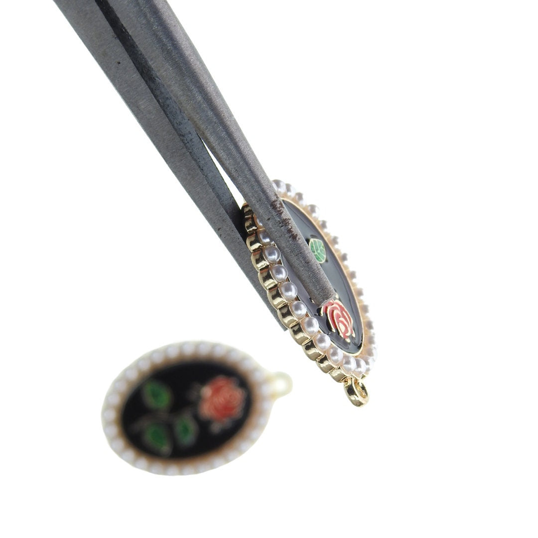 Enameled Metal Charms with Pearls for Jewelry Making: Dangle Earrings, Necklaces, Cute Accessory Craft, Black Red Green White. Set of 2.