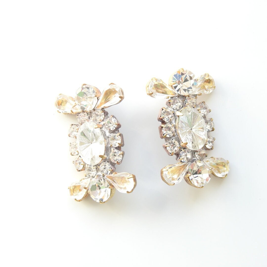 Set of Two Crystal Buttons with Metal Shank, Oval, and Pear Shaped Glass Stones. Premium Wedding details. Handmade in Czechoslovakia, 40 mm