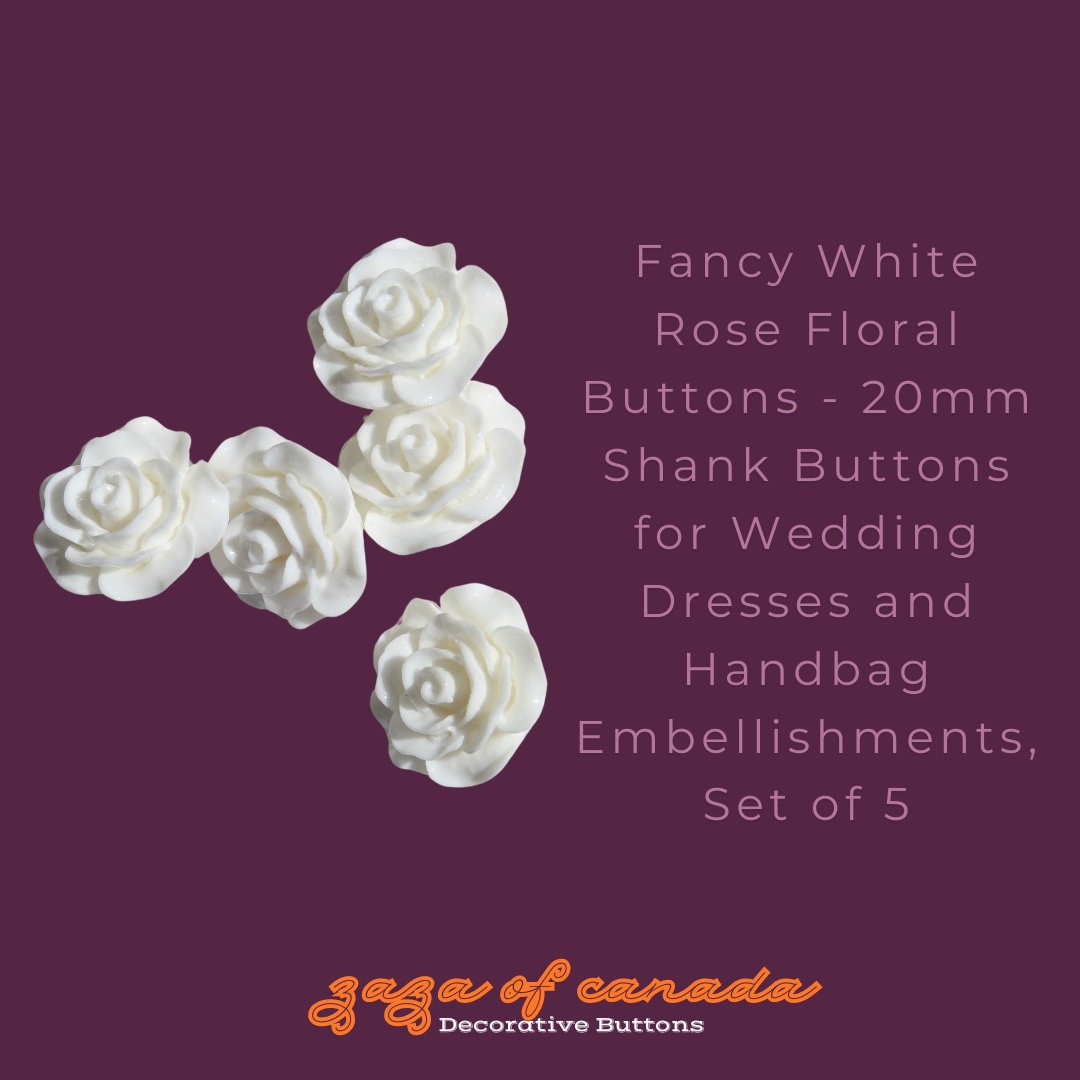 Fancy White Rose Floral Buttons - 20mm Shank Buttons for Wedding Dresses and Handbag Embellishments, Set of 5 - Cool Sewing Crafts,