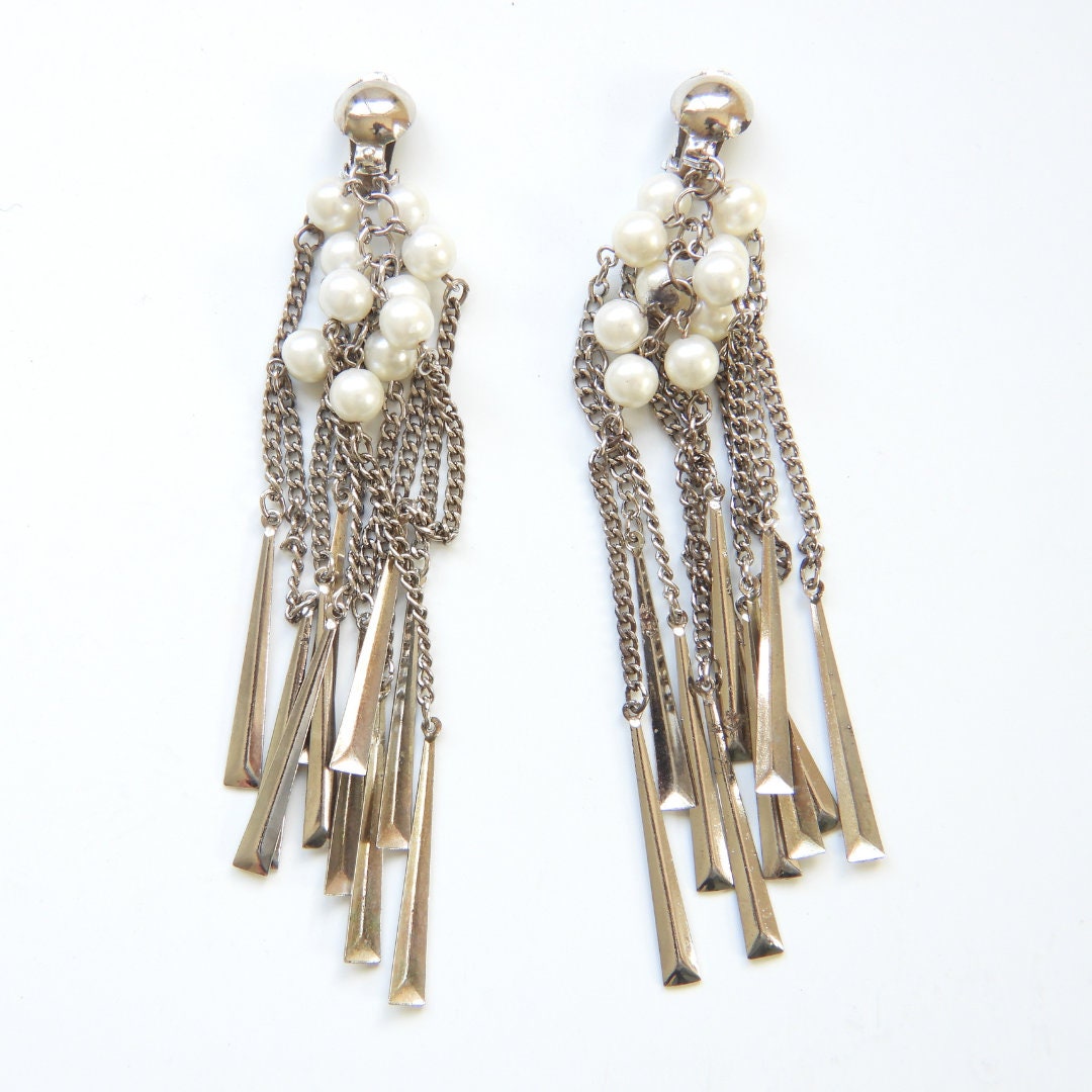 Women's dangle earrings with a special long design, with multiple layers, chains and pearls- XL large jewellery- Gift ideas for her