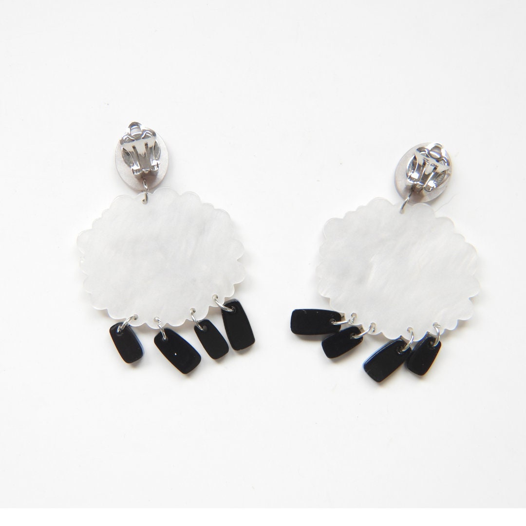 Cute Sheep Earrings Clip on | Long Playful non-pierced earring pair | White and Black, lightweight, non pierced dangle earrings