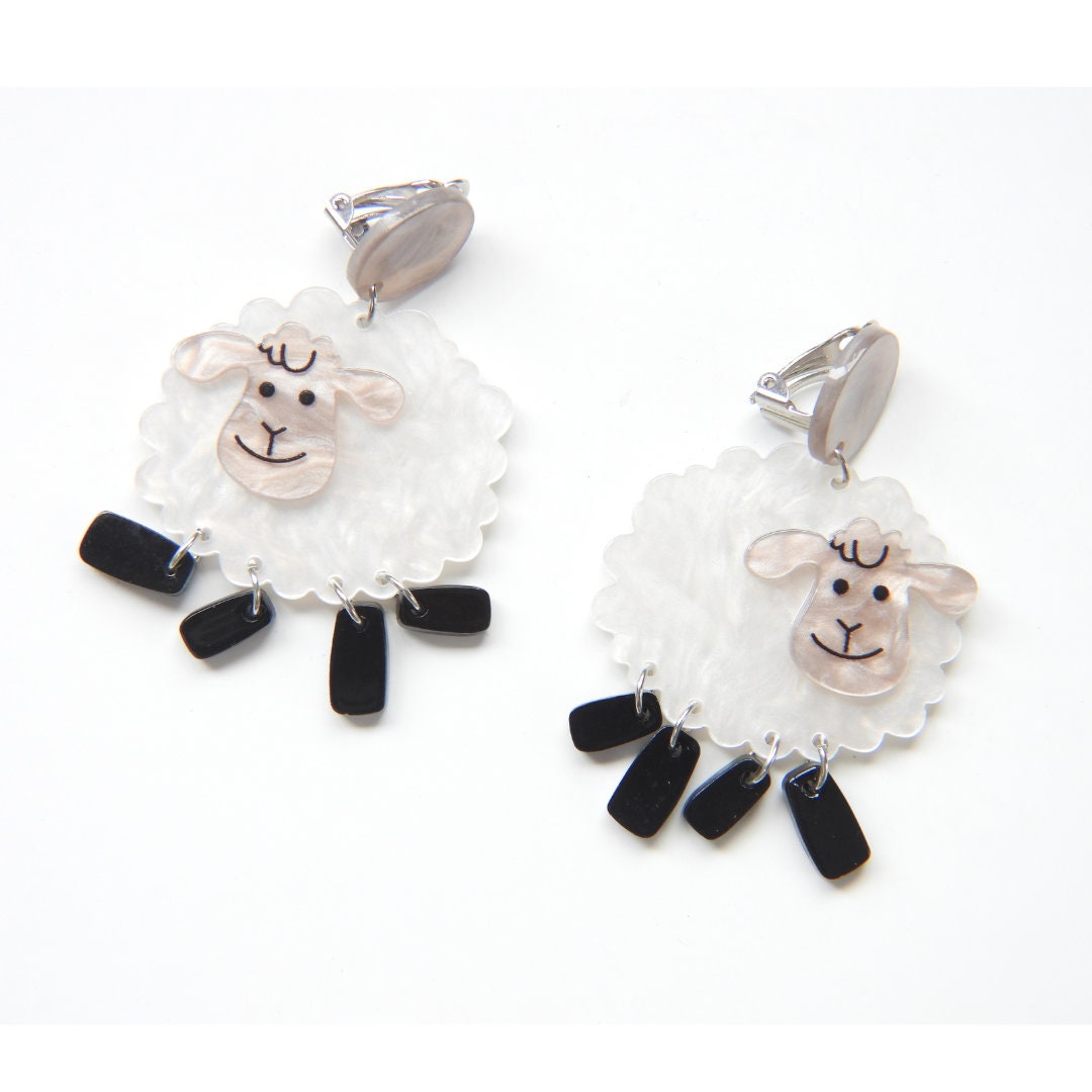 Cute Sheep Earrings Clip on | Long Playful non-pierced earring pair | White and Black, lightweight, non pierced dangle earrings