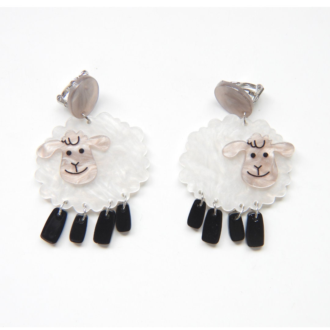 Cute Sheep Earrings Clip on | Long Playful non-pierced earring pair | White and Black, lightweight, non pierced dangle earrings