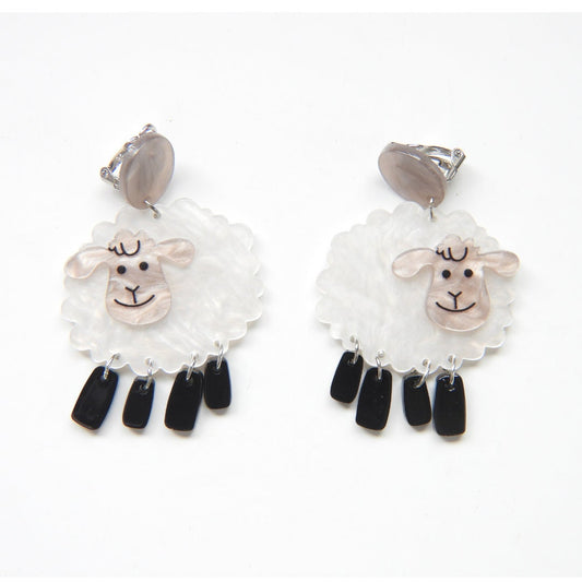 Cute Sheep Earrings Clip on | Long Playful non-pierced earring pair | White and Black, lightweight, non pierced dangle earrings