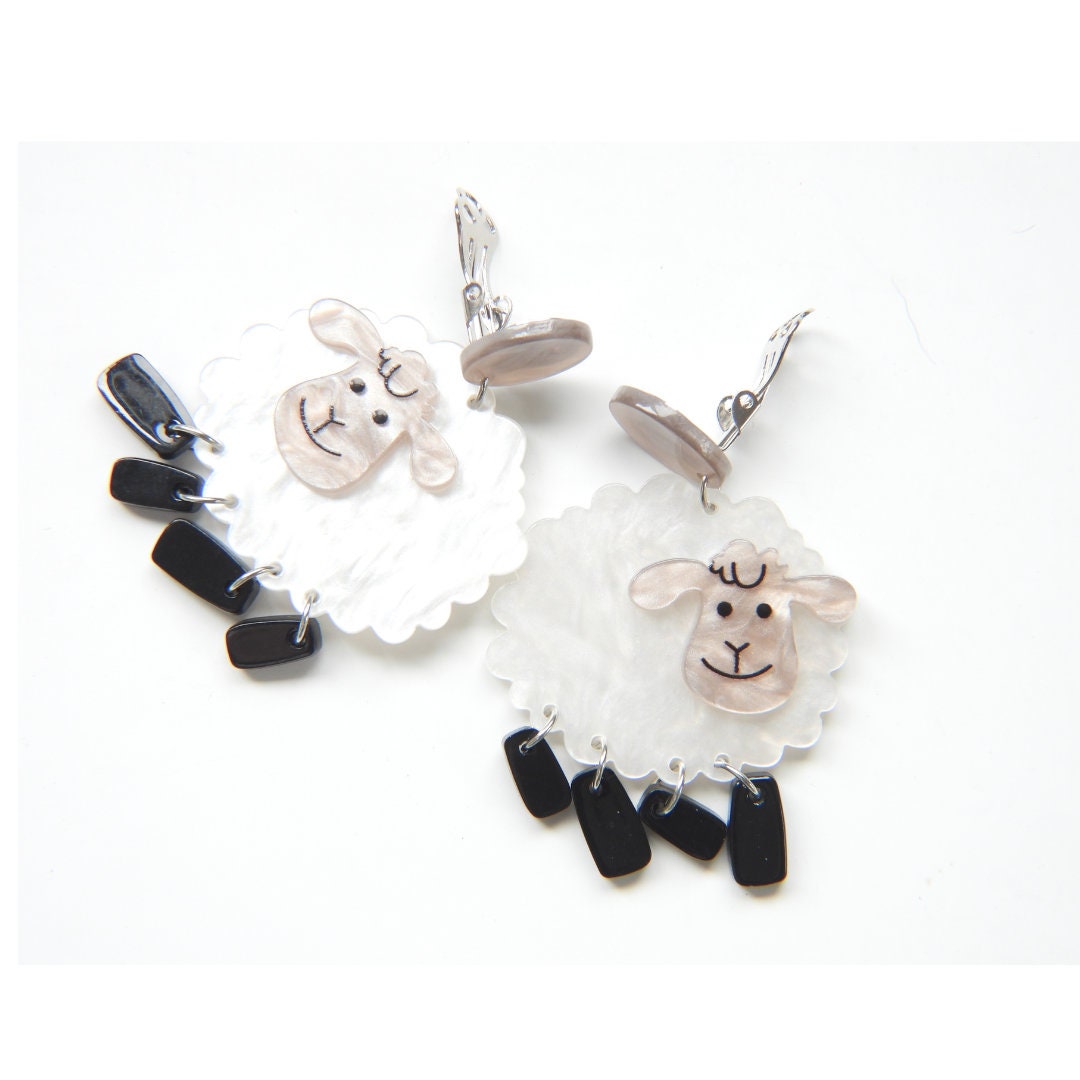 Cute Sheep Earrings Clip on | Long Playful non-pierced earring pair | White and Black, lightweight, non pierced dangle earrings