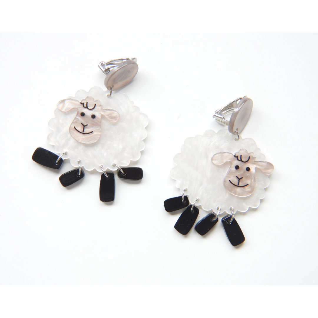 Cute Sheep Earrings Clip on | Long Playful non-pierced earring pair | White and Black, lightweight, non pierced dangle earrings