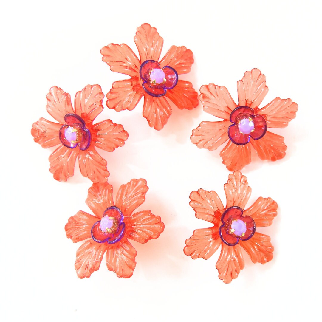 Large Orangy Red Floral Buttons with Purple Center – 30mm Decorative Flower fasteners with Shank – Set of 5, for Sewing, Crafts, DIY